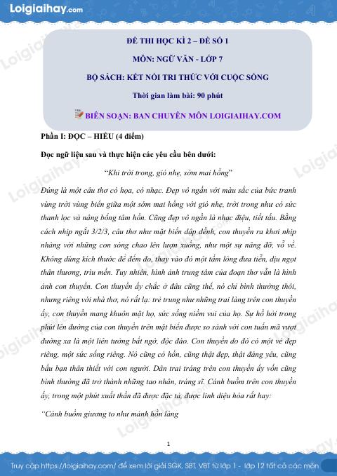Đề thi học kì 2 Văn 7 Kết nối tri thức - Đề số 1